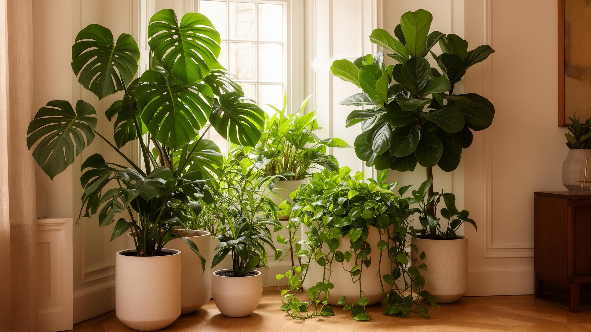 Lush styled houseplants by a bright window
